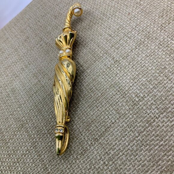 Premier Designs Vintage Umbrella Faux Pearl Rhinestone Gold Tone Brooch Pendant - Picture 5 of 7